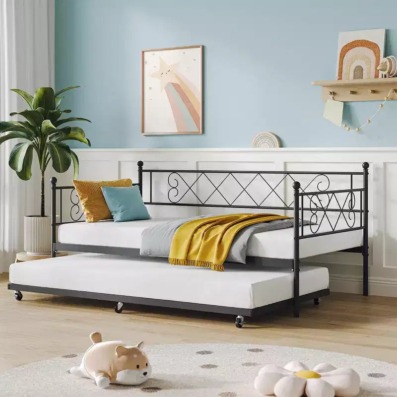 Lit de repos double en métal avec lit gigogne, Tête de lit en forme de cœur, Cadre de canapé-lit à lattes en acier, Lit d'appoint peu encombrant pour chambre à coucher, Montage facile