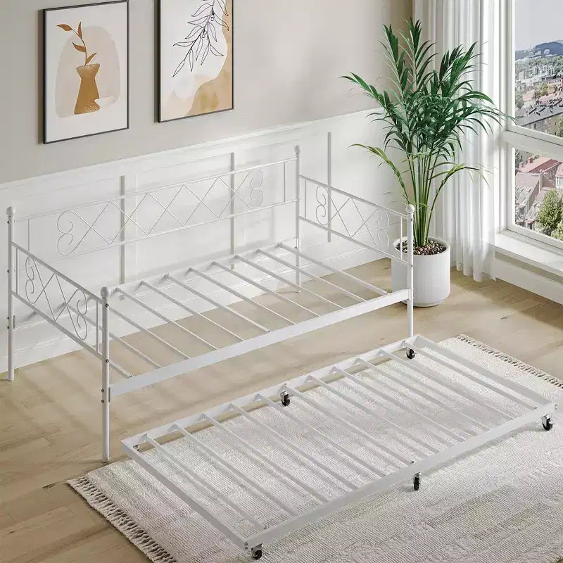 Lit de repos double en métal avec lit gigogne, Tête de lit en forme de cœur, Cadre de canapé-lit à lattes en acier, Lit d'appoint peu encombrant pour chambre à coucher, Montage facile