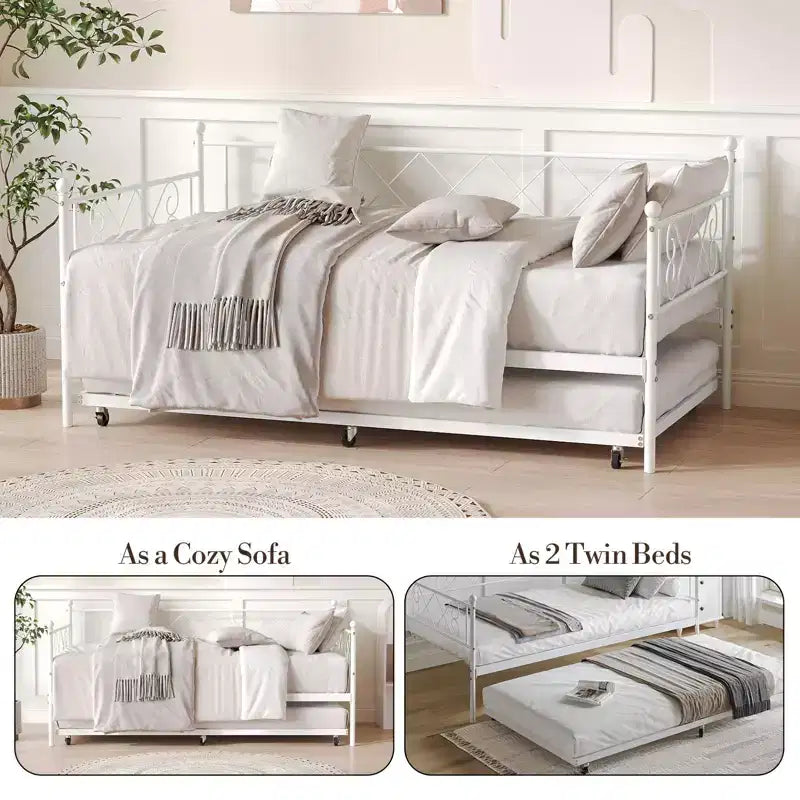 Lit de repos double en métal avec lit gigogne, Tête de lit en forme de cœur, Cadre de canapé-lit à lattes en acier, Lit d'appoint peu encombrant pour chambre à coucher, Montage facile