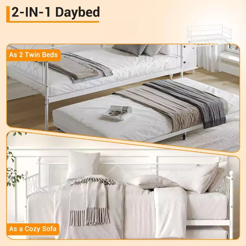 Lit de repos double en métal avec lit gigogne, Tête de lit en forme de cœur, Cadre de canapé-lit à lattes en acier, Lit d'appoint peu encombrant pour chambre à coucher, Montage facile