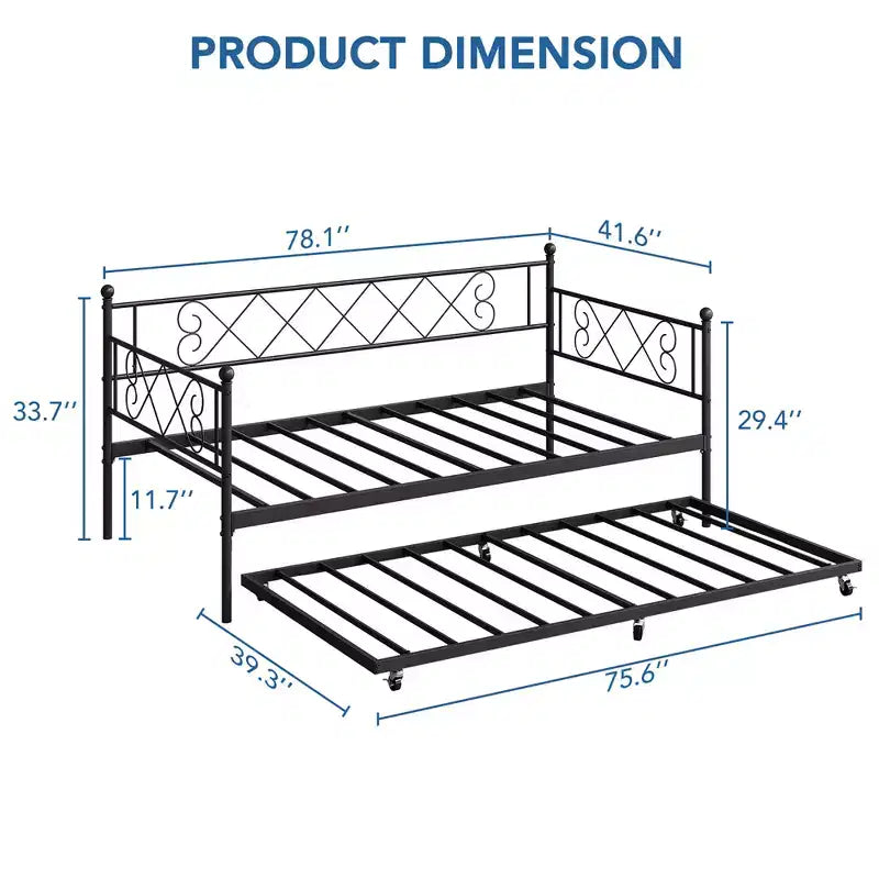 Lit de repos double en métal avec lit gigogne, Tête de lit en forme de cœur, Cadre de canapé-lit à lattes en acier, Lit d'appoint peu encombrant pour chambre à coucher, Montage facile