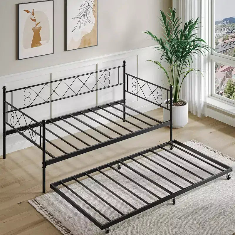Lit de repos double en métal avec lit gigogne, Tête de lit en forme de cœur, Cadre de canapé-lit à lattes en acier, Lit d'appoint peu encombrant pour chambre à coucher, Montage facile
