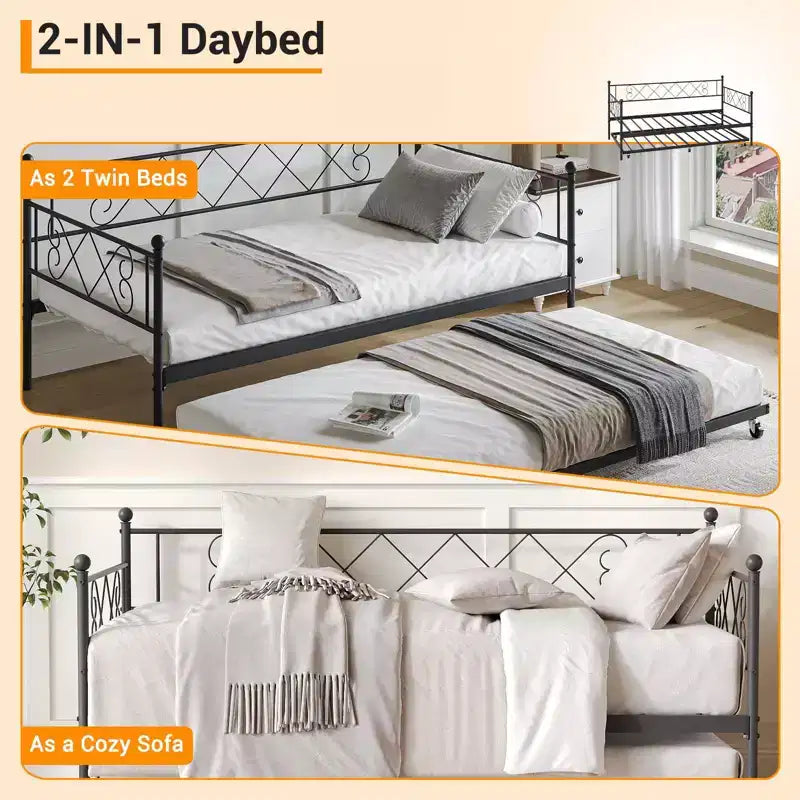 Lit de repos double en métal avec lit gigogne, Tête de lit en forme de cœur, Cadre de canapé-lit à lattes en acier, Lit d'appoint peu encombrant pour chambre à coucher, Montage facile