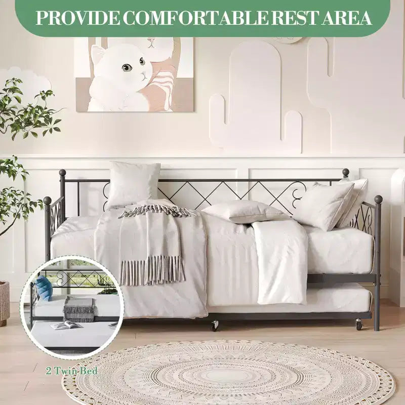 Lit de repos double en métal avec lit gigogne, Tête de lit en forme de cœur, Cadre de canapé-lit à lattes en acier, Lit d'appoint peu encombrant pour chambre à coucher, Montage facile