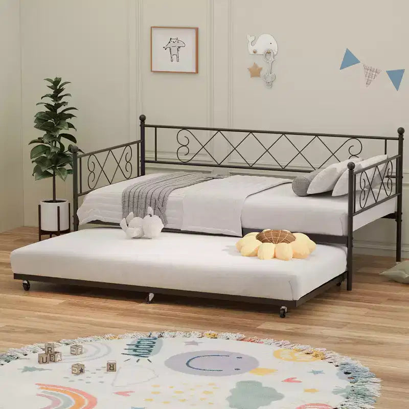 Lit de repos double en métal avec lit gigogne, Tête de lit en forme de cœur, Cadre de canapé-lit à lattes en acier, Lit d'appoint peu encombrant pour chambre à coucher, Montage facile