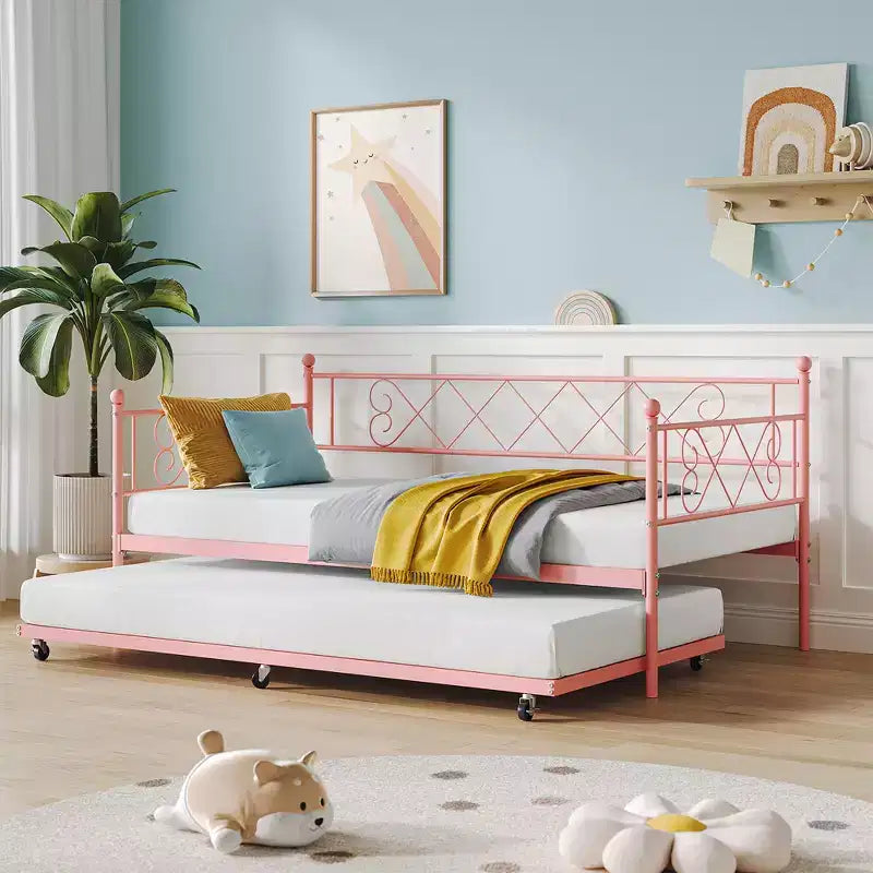Lit de repos double en métal avec lit gigogne, Tête de lit en forme de cœur, Cadre de canapé-lit à lattes en acier, Lit d'appoint peu encombrant pour chambre à coucher, Montage facile