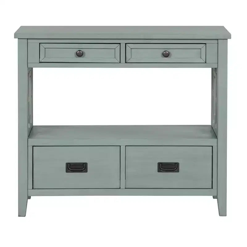 Console de table en bois de ferme avec 4 tiroirs et 1 étagère de rangement pour entrée et salon, bleu rétro