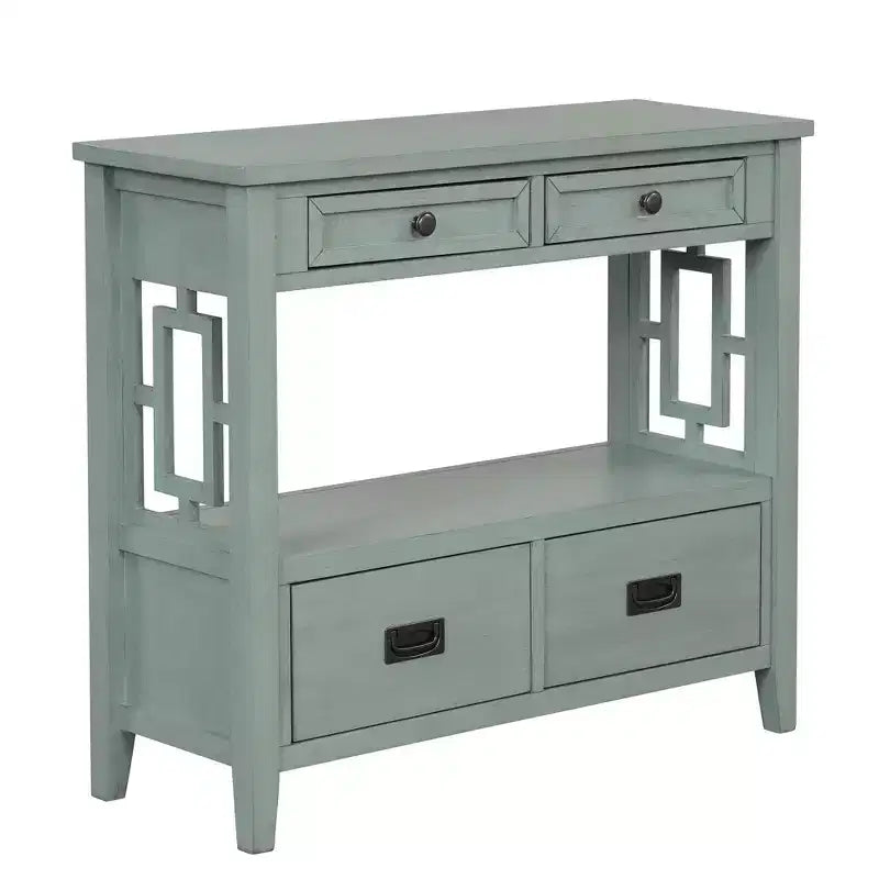 Console de table en bois de ferme avec 4 tiroirs et 1 étagère de rangement pour entrée et salon, bleu rétro