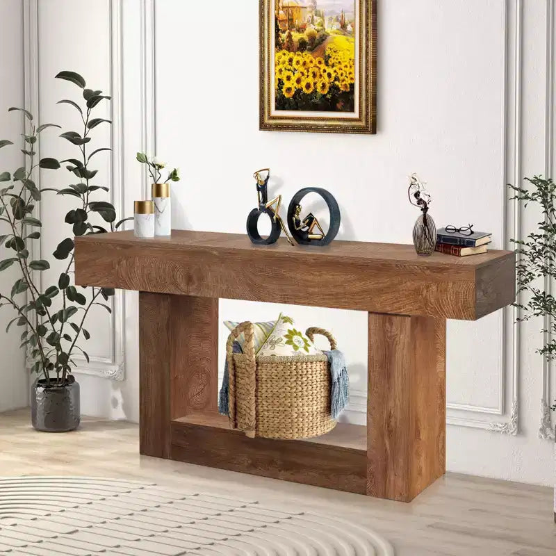 Table Console Rectangulaire en Bois Derrière le Canapé, Tables d'Entrée Ferme, Marron Rustique/2-niveaux