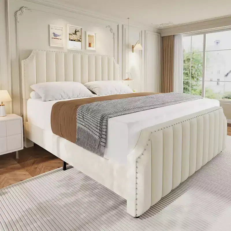 Cadre de lit king-size en velours, tête et pied de lit de 127,5 cm de hauteur, plateforme de lit king-size rembourrée avec garniture cloutée, aucun sommier tapissier requis