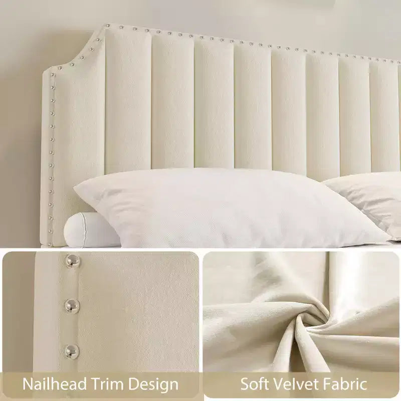 Cadre de lit king-size en velours, tête et pied de lit de 127,5 cm de hauteur, plateforme de lit king-size rembourrée avec garniture cloutée, aucun sommier tapissier requis