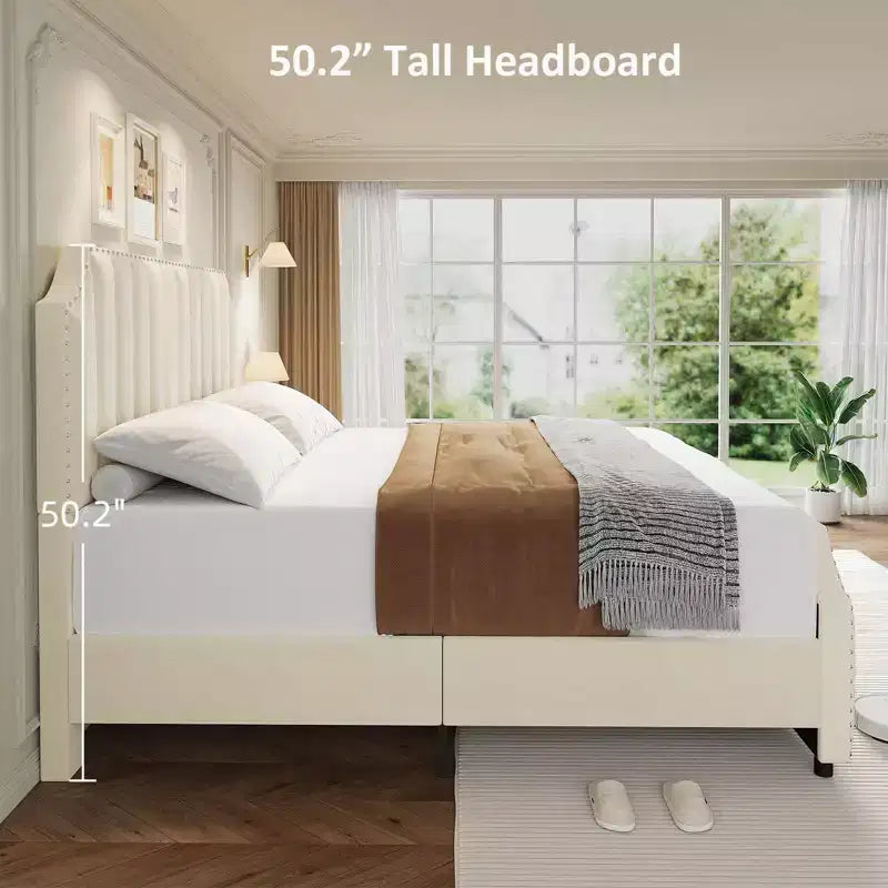 Cadre de lit king-size en velours, tête et pied de lit de 127,5 cm de hauteur, plateforme de lit king-size rembourrée avec garniture cloutée, aucun sommier tapissier requis