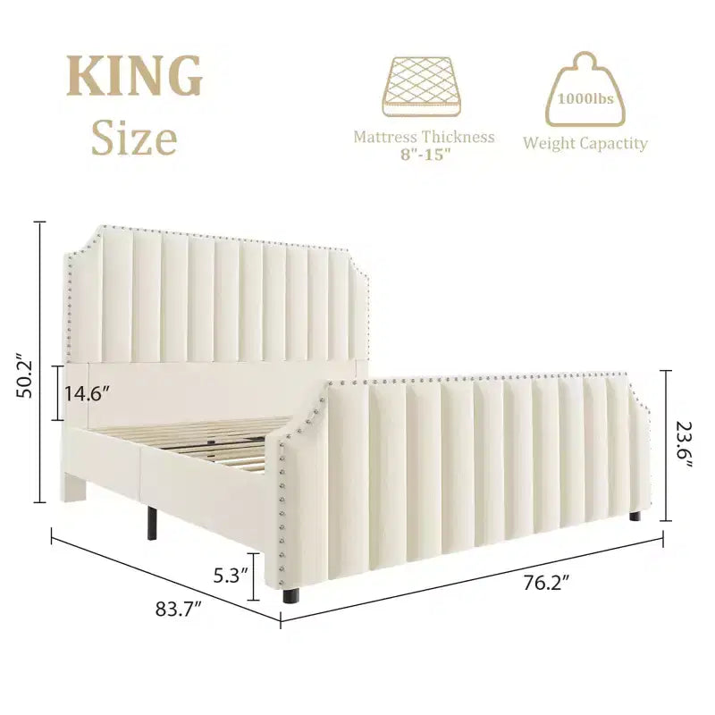 Cadre de lit king-size en velours, tête et pied de lit de 127,5 cm de hauteur, plateforme de lit king-size rembourrée avec garniture cloutée, aucun sommier tapissier requis