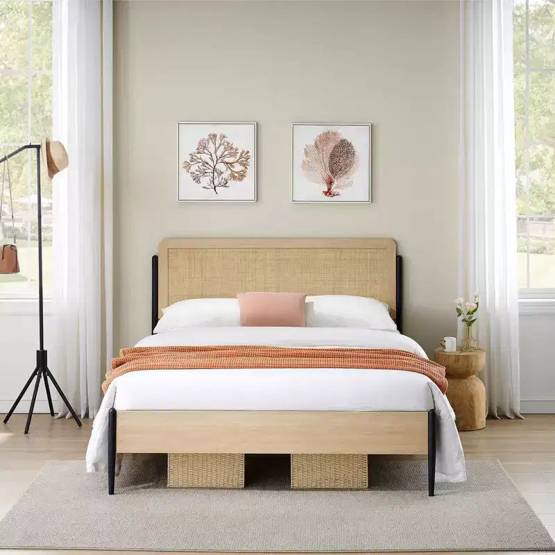 Coolmee Full/Queen Size Bed Frame with Natural Rattan Headboard and Solid Wood Footboard, Bed Frame with Under Bed Storage Space
