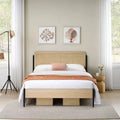 Coolmee Full/Queen Size Bed Frame with Natural Rattan Headboard and Solid Wood Footboard, Bed Frame with Under Bed Storage Space