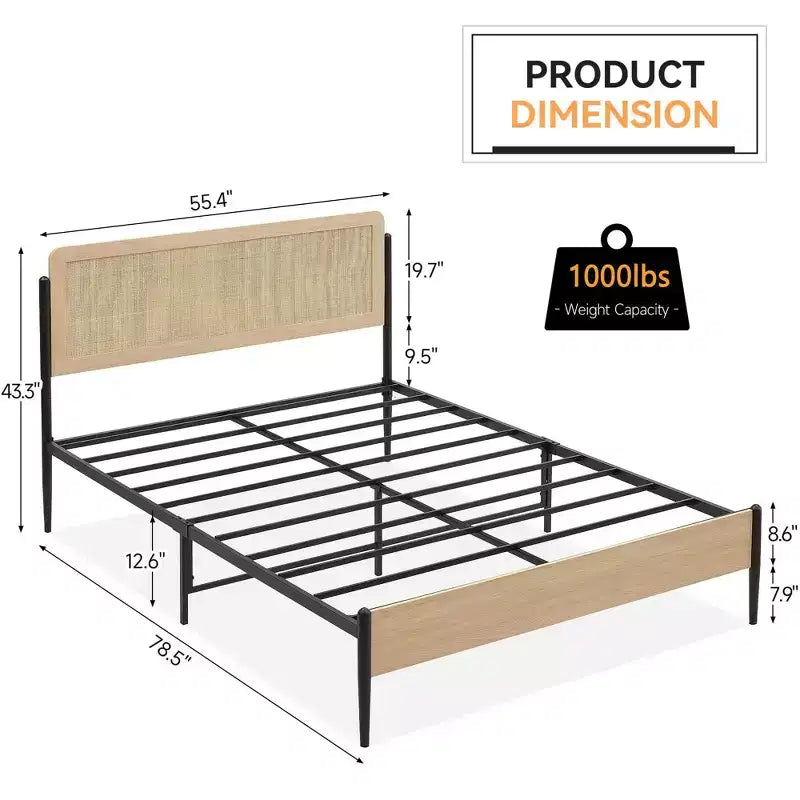 Cadre de lit double/grand avec tête de lit en rotin naturel et pied de lit en bois massif, cadre de lit avec espace de rangement sous le lit