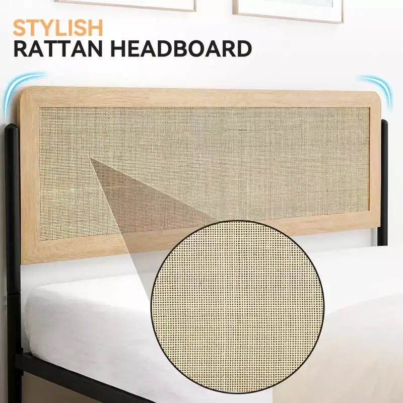 Cadre de lit double/grand avec tête de lit en rotin naturel et pied de lit en bois massif, cadre de lit avec espace de rangement sous le lit