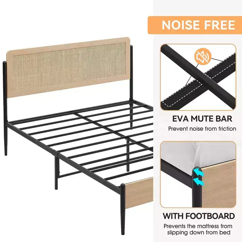 Cadre de lit double/grand avec tête de lit en rotin naturel et pied de lit en bois massif, cadre de lit avec espace de rangement sous le lit