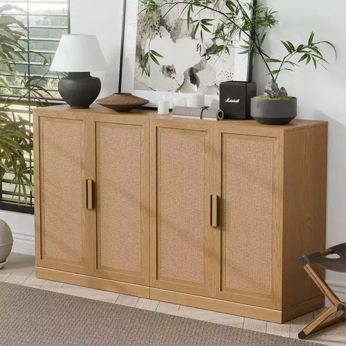 Buffet moderne 4 portes en rotin, 62 l x 31 H po, meuble d'appoint de rangement pour couloir, entrée, salle à manger, naturel
