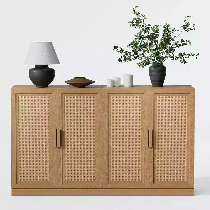 Buffet moderne 4 portes en rotin, 62 l x 31 H po, meuble d'appoint de rangement pour couloir, entrée, salle à manger, naturel