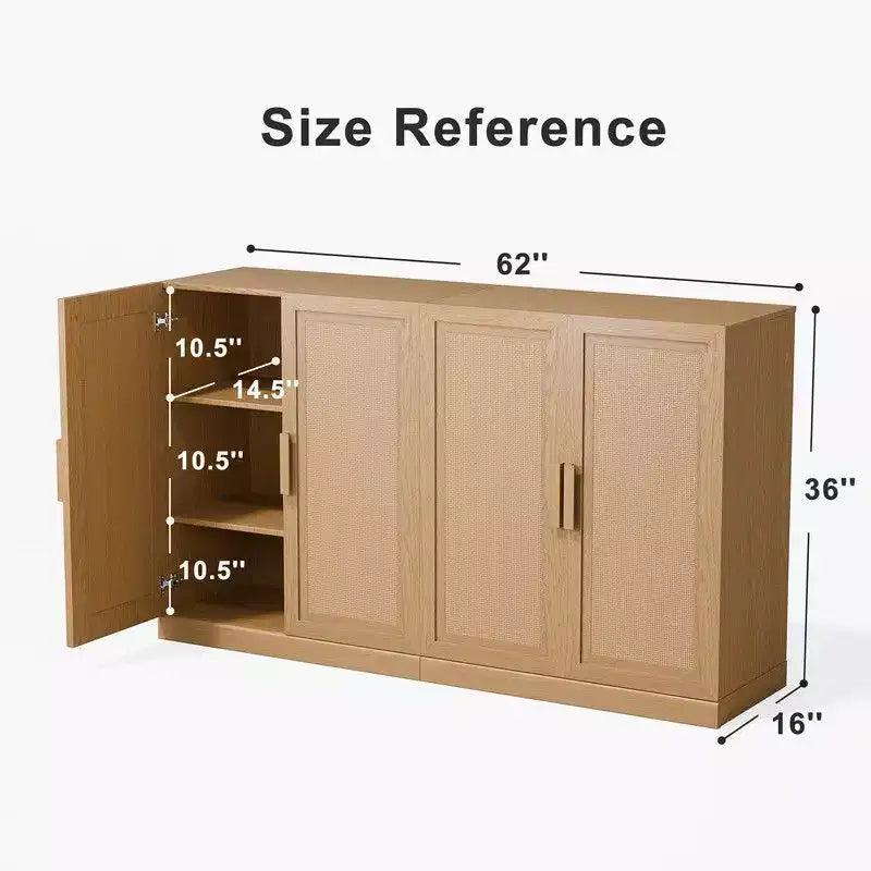 Buffet moderne 4 portes en rotin, 62 l x 31 H po, meuble d'appoint de rangement pour couloir, entrée, salle à manger, naturel