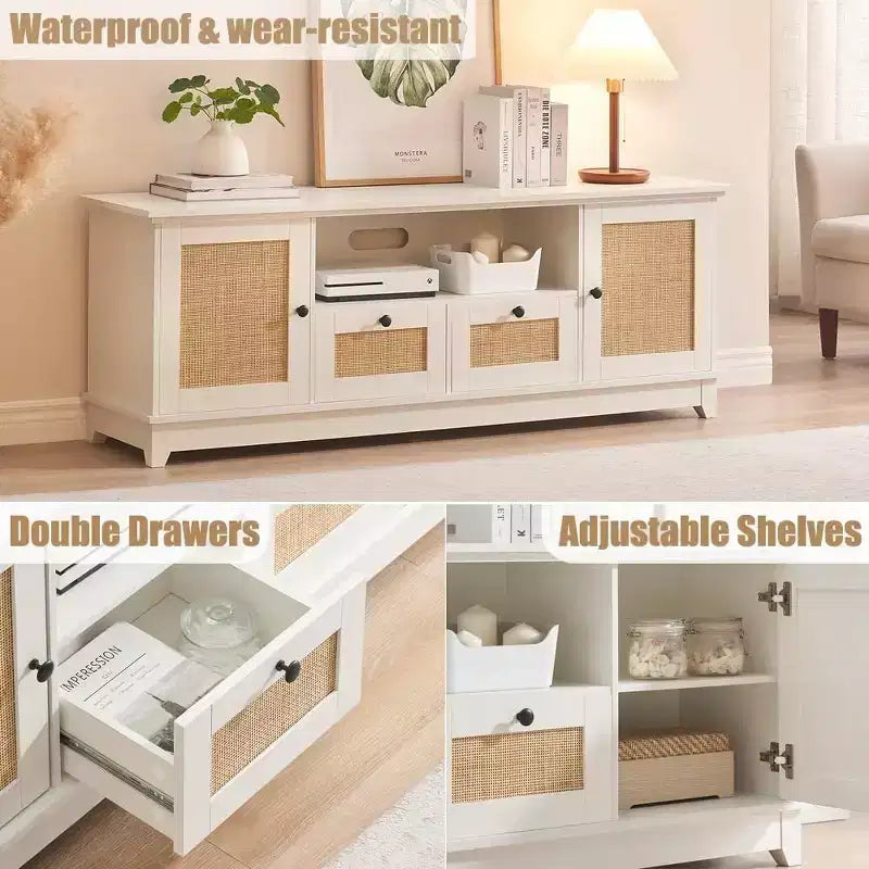 Meuble TV, Centre de divertissement – pour TV 65+ pouces, Meuble TV en rotin avec rangement et porte en maille, Meuble TV blanc moderne pour salon