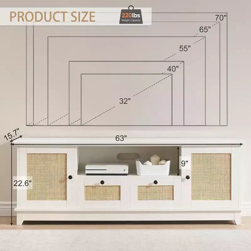 Meuble TV, Centre de divertissement – pour TV 65+ pouces, Meuble TV en rotin avec rangement et porte en maille, Meuble TV blanc moderne pour salon