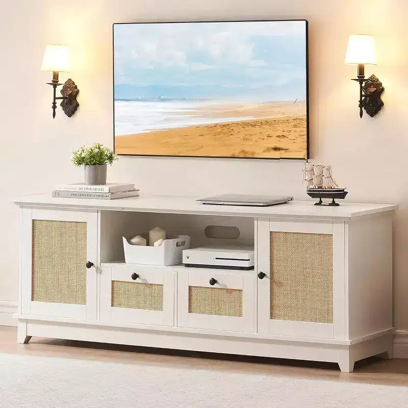 Meuble TV, Centre de divertissement – pour TV 65+ pouces, Meuble TV en rotin avec rangement et porte en maille, Meuble TV blanc moderne pour salon