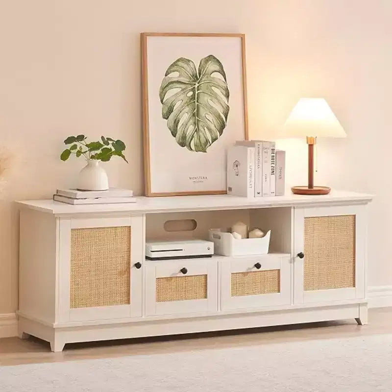 Meuble TV, Centre de divertissement – pour TV 65+ pouces, Meuble TV en rotin avec rangement et porte en maille, Meuble TV blanc moderne pour salon