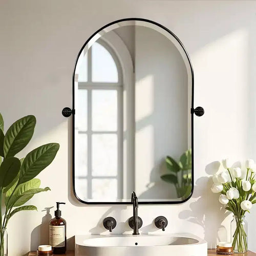 PexFix 32 x 23 Wrought Iron Rounded Arch Black Pivot Wall Mirror Tilting Bathroom Vanity Mirror Metal Framed Adjustable for Bedroom Living Room