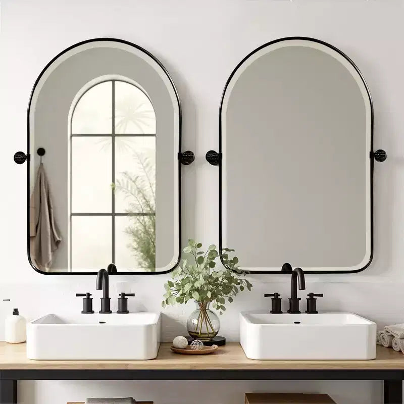 Miroir mural pivotant rond en fer forgé noir 32 x 23 pouces, miroir de salle de bain inclinable avec cadre en métal réglable pour chambre à coucher et salon