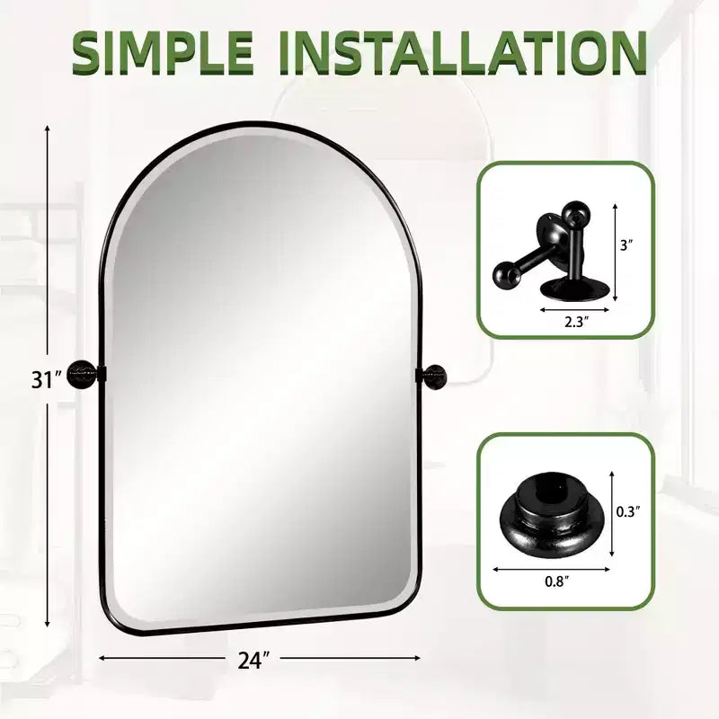 Miroir mural pivotant rond en fer forgé noir 32 x 23 pouces, miroir de salle de bain inclinable avec cadre en métal réglable pour chambre à coucher et salon