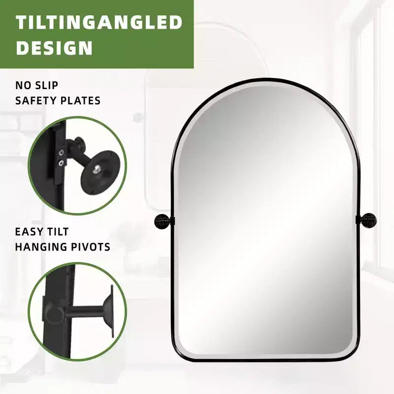 Miroir mural pivotant rond en fer forgé noir 32 x 23 pouces, miroir de salle de bain inclinable avec cadre en métal réglable pour chambre à coucher et salon