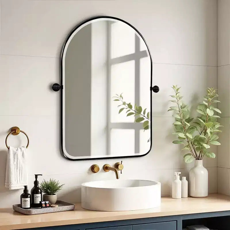 Miroir mural pivotant rond en fer forgé noir 32 x 23 pouces, miroir de salle de bain inclinable avec cadre en métal réglable pour chambre à coucher et salon