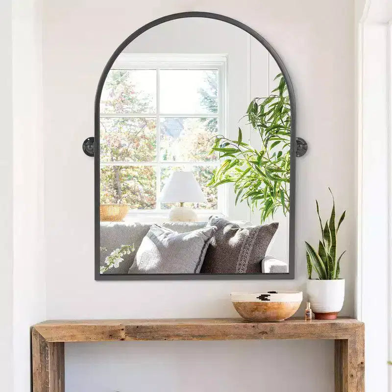 Miroir mural pivotant rond en fer forgé noir 32 x 23 pouces, miroir de salle de bain inclinable avec cadre en métal réglable pour chambre à coucher et salon
