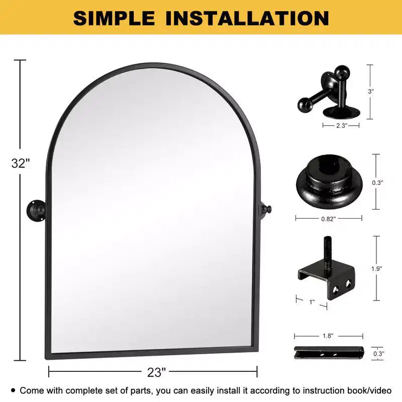 Miroir mural pivotant rond en fer forgé noir 32 x 23 pouces, miroir de salle de bain inclinable avec cadre en métal réglable pour chambre à coucher et salon