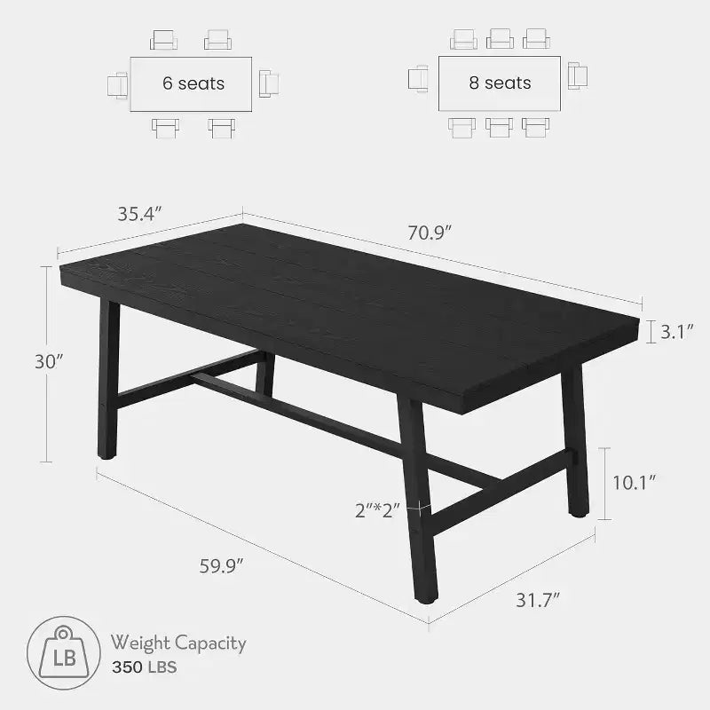 Grande table à manger de 180 cm de long pour 6-8 personnes, table de cuisine en bois avec pieds robustes pour cuisine, salle à manger