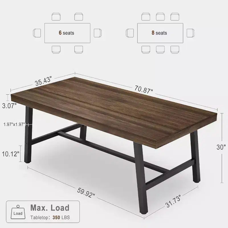 Grande table à manger de 180 cm de long pour 6-8 personnes, table de cuisine en bois avec pieds robustes pour cuisine, salle à manger