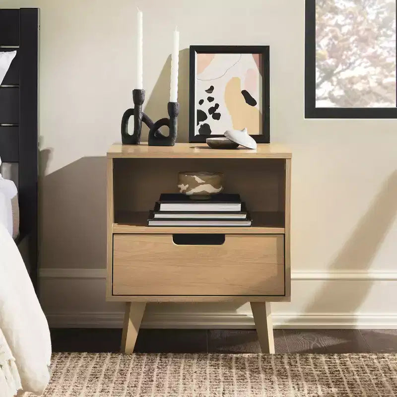 GDFStudio Nibley Mid-Century Modern Nightstand with Drawer and Tapered Legs