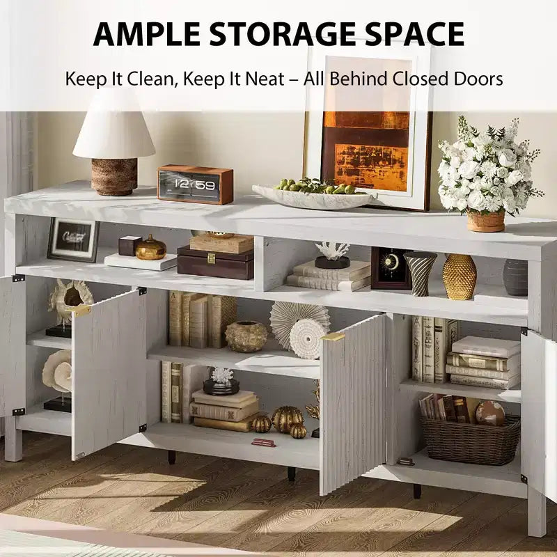 Buffet moderne cannelé, Armoire de rangement à 4 portes avec étagères réglables, pour Salle à manger Salon Entrée