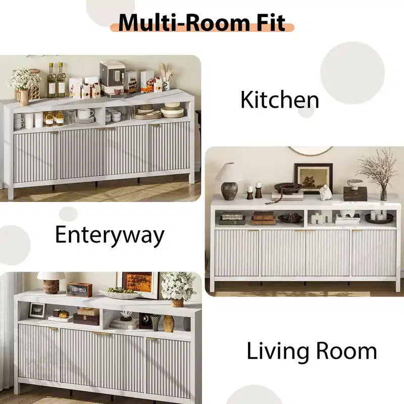Buffet moderne cannelé, Armoire de rangement à 4 portes avec étagères réglables, pour Salle à manger Salon Entrée