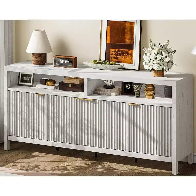 Buffet moderne cannelé, Armoire de rangement à 4 portes avec étagères réglables, pour Salle à manger Salon Entrée