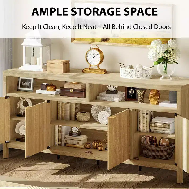 Buffet moderne cannelé, Armoire de rangement à 4 portes avec étagères réglables, pour Salle à manger Salon Entrée