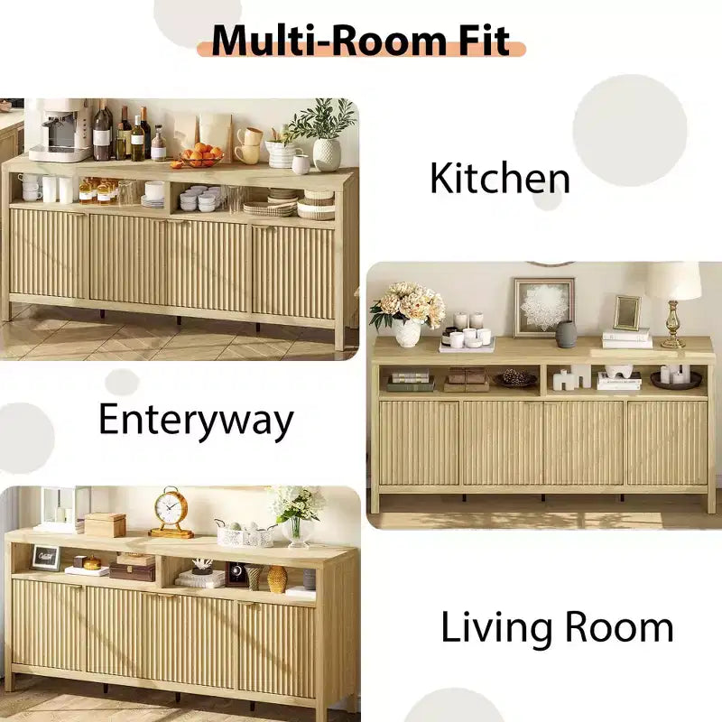 Buffet moderne cannelé, Armoire de rangement à 4 portes avec étagères réglables, pour Salle à manger Salon Entrée