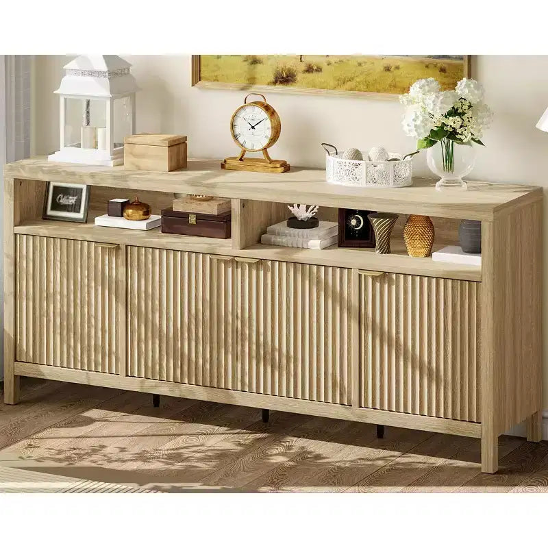 Buffet moderne cannelé, Armoire de rangement à 4 portes avec étagères réglables, pour Salle à manger Salon Entrée