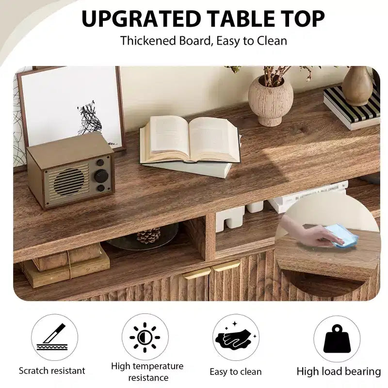 Buffet moderne cannelé, Armoire de rangement à 4 portes avec étagères réglables, pour Salle à manger Salon Entrée