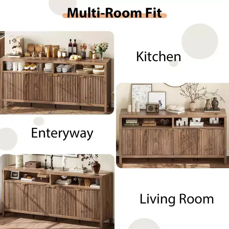 Buffet moderne cannelé, Armoire de rangement à 4 portes avec étagères réglables, pour Salle à manger Salon Entrée