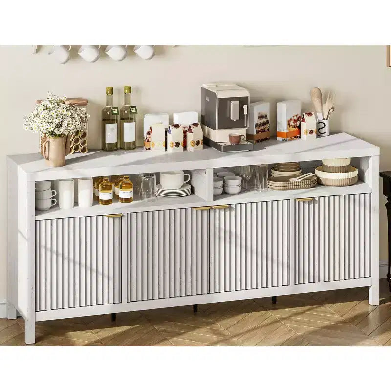 Buffet moderne cannelé, Armoire de rangement à 4 portes avec étagères réglables, pour Salle à manger Salon Entrée