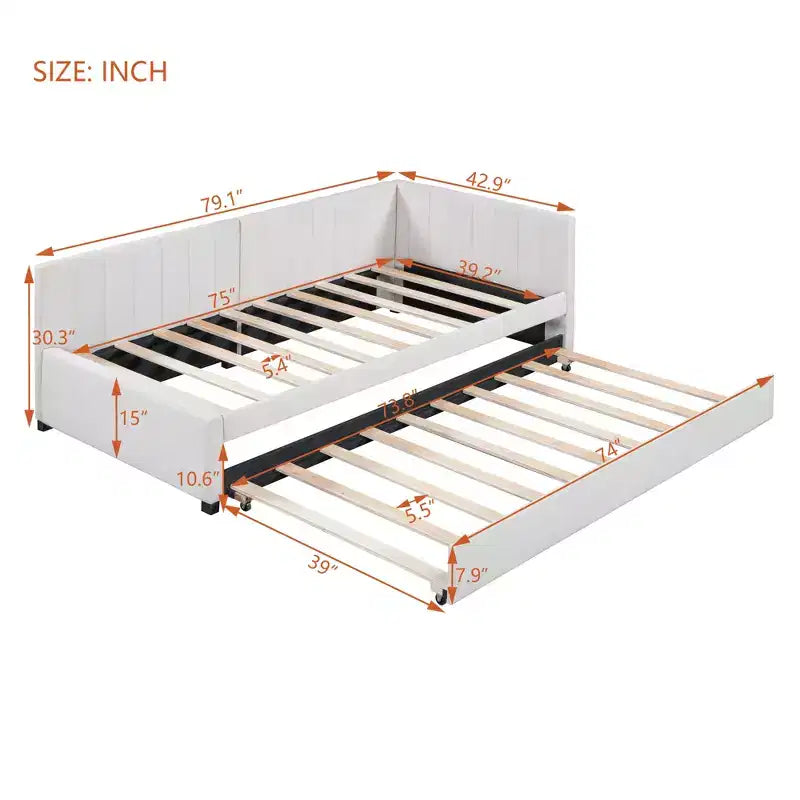 Lit de repos capitonné taille double avec lit gigogne, cadre de lit de jour double avec accoudoir, canapé-lit pour salon chambre, beige