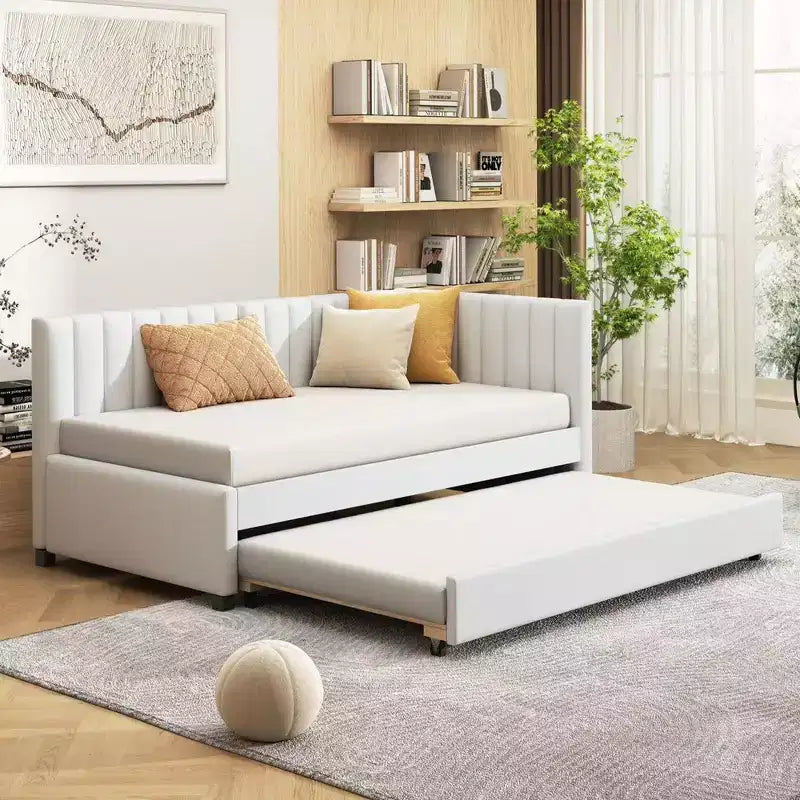 Lit de repos capitonné taille double avec lit gigogne, cadre de lit de jour double avec accoudoir, canapé-lit pour salon chambre, beige